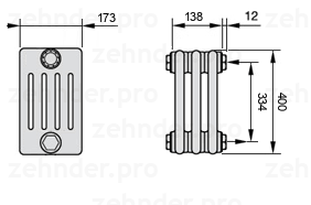 Схема (чертеж) Радиатор Zehnder Charleston 5040/3 №7610 Белый глянцевый RAL 9016